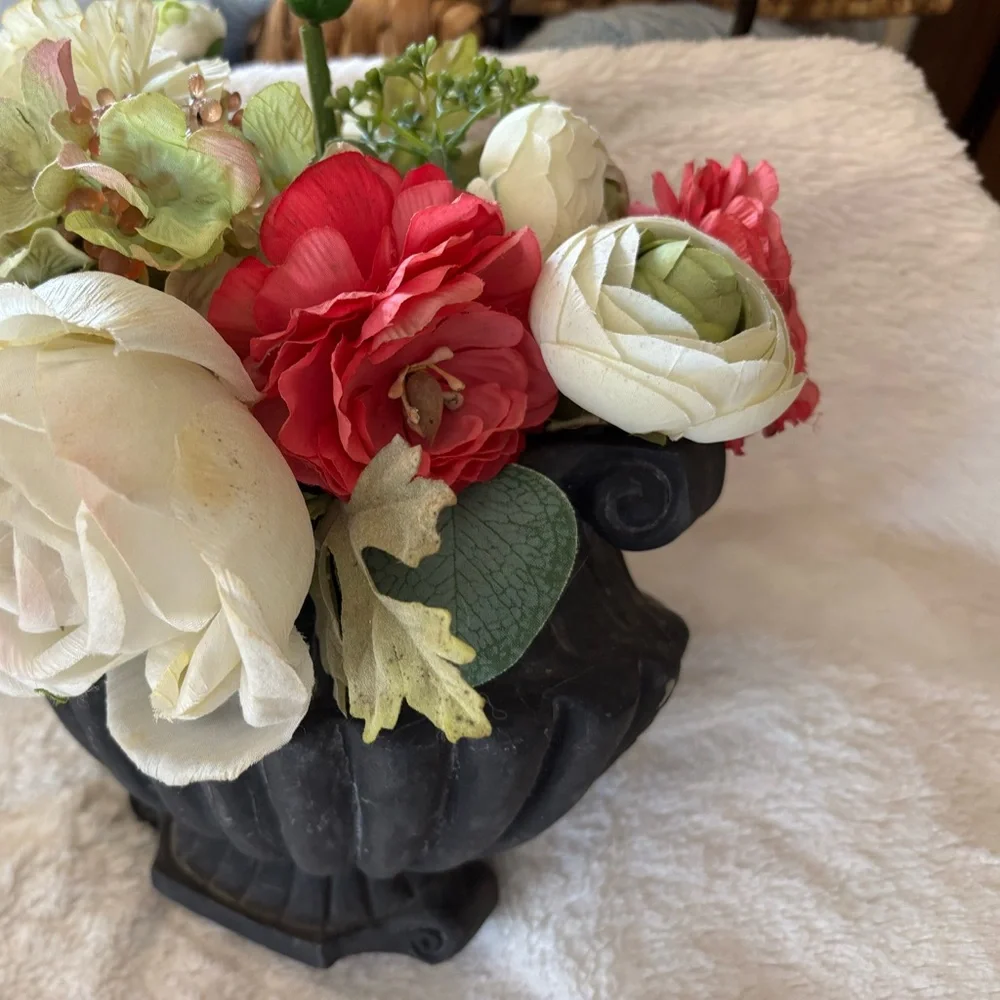 Artificial Floral Arrangement in Black Planter Ranunculus Hydrangeas Roses